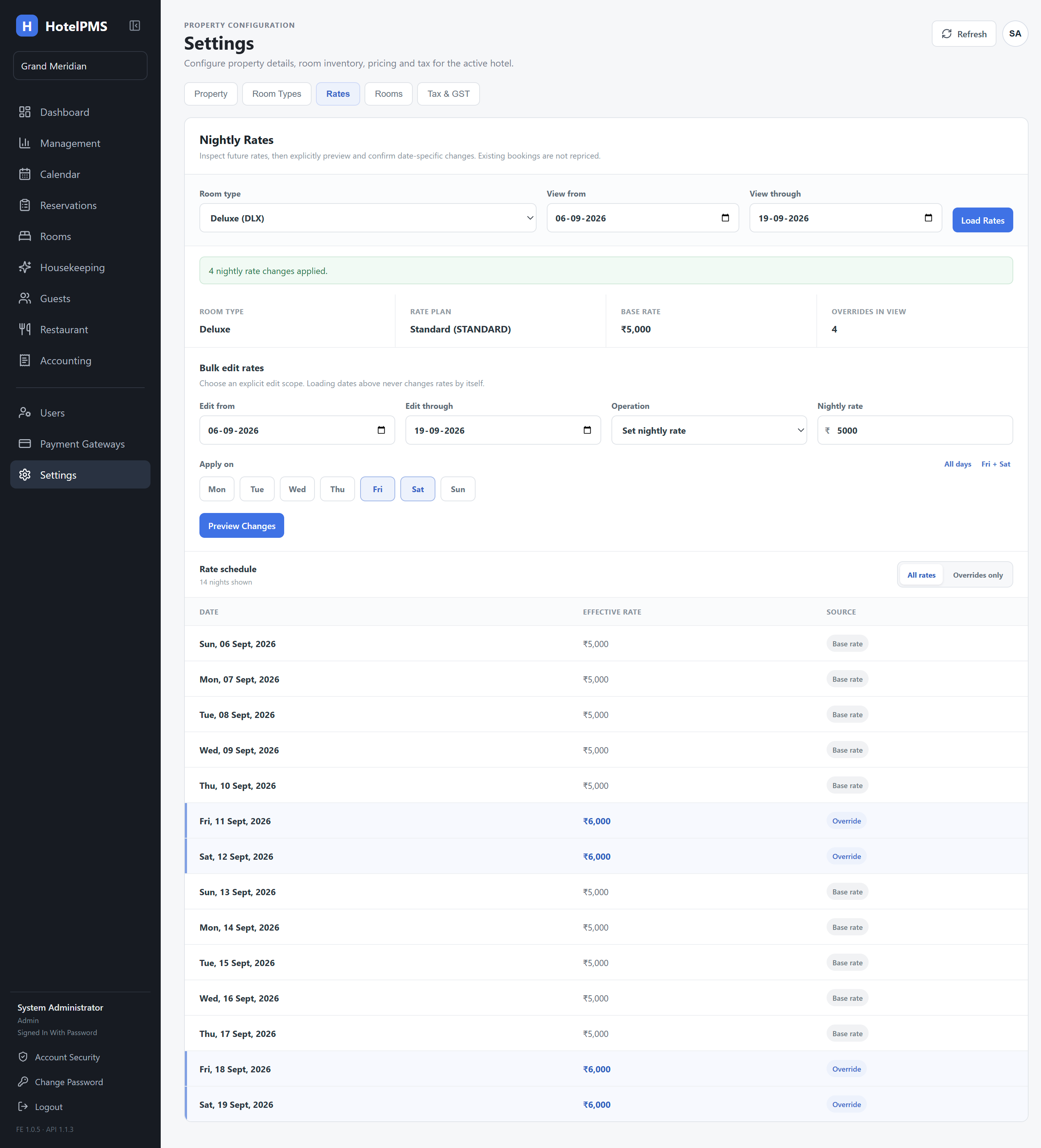 HotelPMS nightly rate management