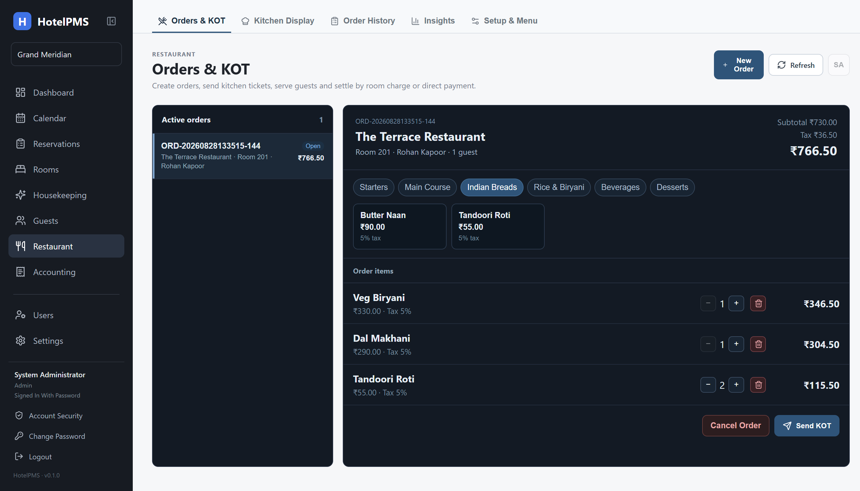 HotelPMS restaurant order and KOT workflow