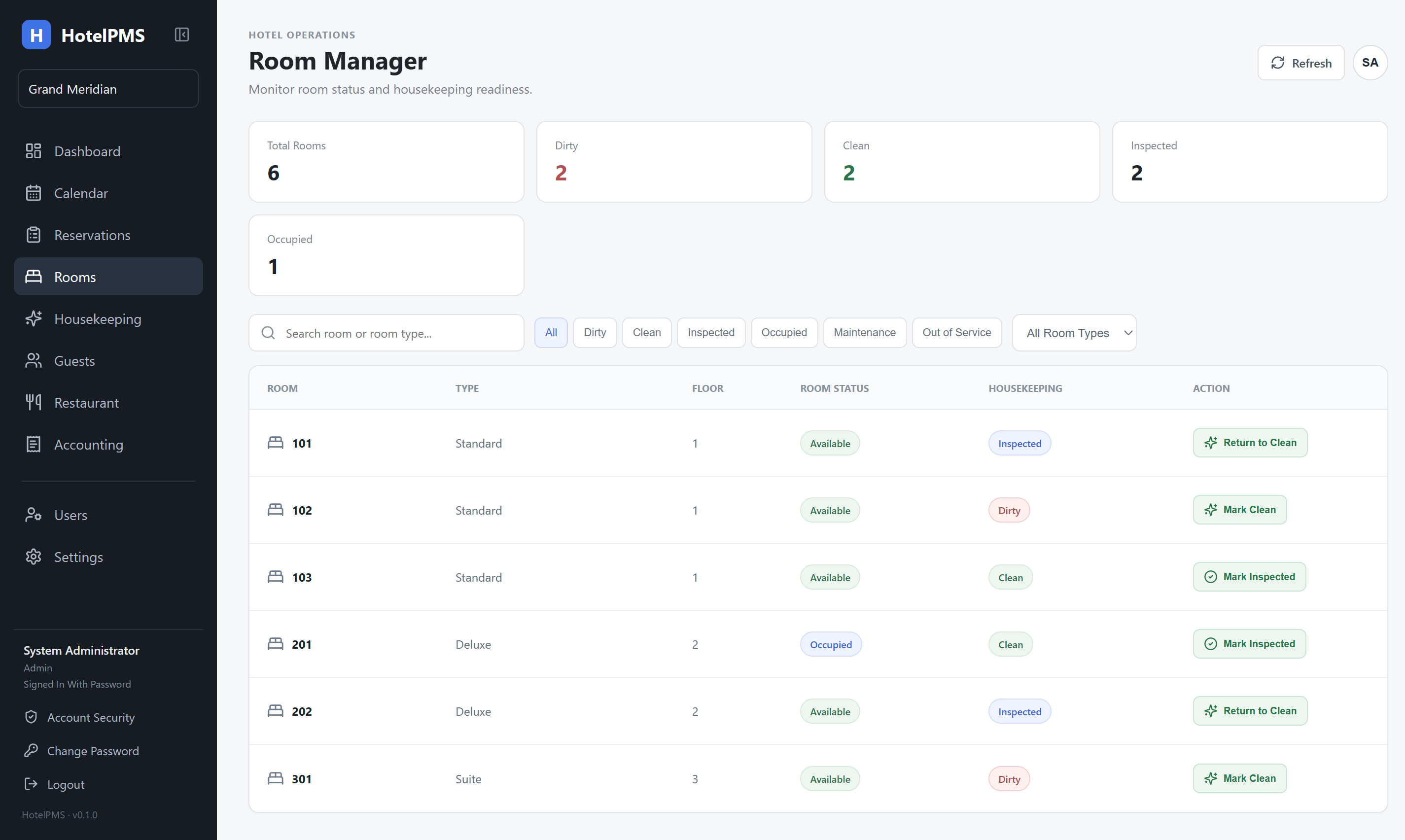 HotelPMS room manager and housekeeping room status view